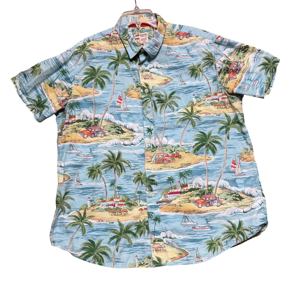 Mossimo Womens XL Blue Tropical Island Palm Tree Hawaiian Button Down Shirt